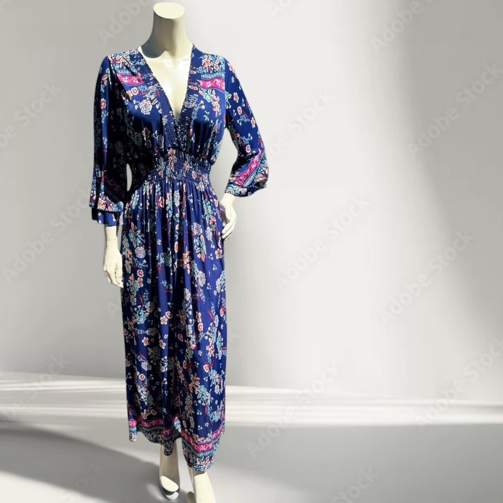Seven Islands Floral Boho Maxi Dress Smocked Waist Bell Sleeve Cottagecore XL